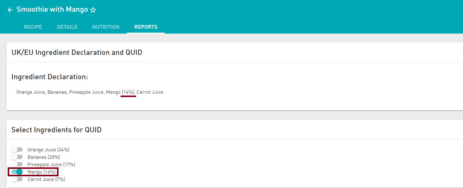 Choose an Ingredient for Setting the QUID Labelling NutriCalc